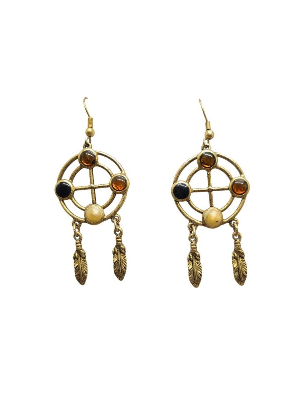 Dreamcatcher Dangling Earrings Feather Charms Multicolor Accents Boho Style 2.5"
